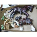 A mixed collection of item to include: leather horse figure, ceramic shire horse, Naturecraft