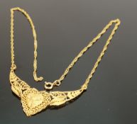 Asian yellow metal ornate necklace: tests to 22ct gold or higher, 8.1g.
