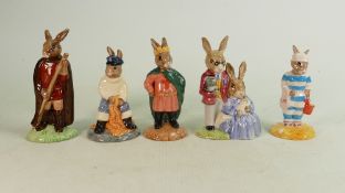 Five Royal Doulton Bunnykins figures: DB170 Fisherman, DB243 Little John, DB266 Prince John, DB68