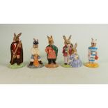 Five Royal Doulton Bunnykins figures: DB170 Fisherman, DB243 Little John, DB266 Prince John, DB68