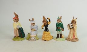 Five Royal Doulton Bunnykins figures: Including DB229 Sands of Time, DB244 Robin Hood, DB256