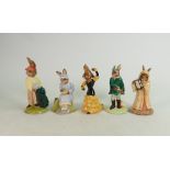 Five Royal Doulton Bunnykins figures: Including DB229 Sands of Time, DB244 Robin Hood, DB256