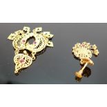 Asian yellow metal ornate pendant & earring: both set with red stones, tests to 22ct gold or higher,