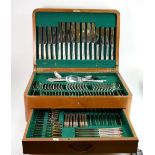 Large Oak cased Sheffield Community Plate cutlery canteen: With lower drawer.