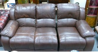 Large Quality 3 Seater Brown Leather Recliner Sofa: length 214cm