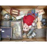 Tray lot containing Doll tins silver plate etc: Composite headed doll, assorted silver plated