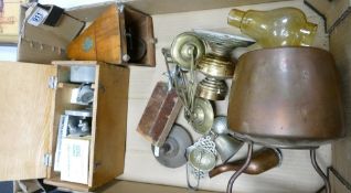 A mixed collection of items to include: Students Microscope, damaged copper kettle, brass