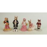 Five Royal Doulton Bunnykins figures: Includes DB218 Fortune Teller, DB214 Lawyer, DB247 Mary