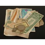 A collection of old banknotes: from USA, Hong Kong etc together with a 1935 Crown etc