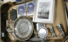 A mixed collection of items to include: silver plated cutlery, similar picture frames & dish etc