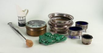 Silver and silver plated salts plus a pair of coasters and other items: Includes hallmarked silver