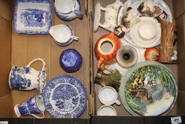 A mixed collection of items to include: decorative wall plates, Staffordshire ware , damaged cow