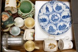 A mixed collection of items to include:Commemorative Hong Kong wall plate, commemorative cups. Royal