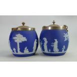 Two early 20th century dip blue biscuit barrels: One with stapled repairs & the other item missing