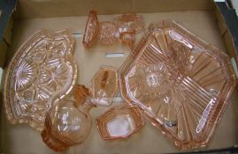 Two pink glass part dressing table sets: together with a collection of art glass(1 tray).