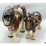 Two Large Ceramic Shire Horses: in working harnesses height of largest 26cm (2)