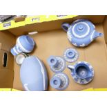 A collection of Wedgwood Jasperware items to include: Teapot (damaged spout), Jugs (one with damaged