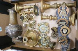 A mixed collection of Brass items to include: Candlesticks, heavy ashtrays etc