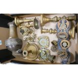 A mixed collection of Brass items to include: Candlesticks, heavy ashtrays etc