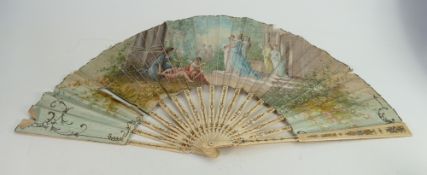 19th century French bone fan: Hand decorated panel in state of disrepair, length 30cm.