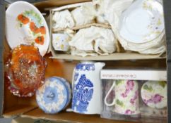 A mixed collection of items to include: Wedgwood Jasperware lidded pot, carnival Glass Bowl,
