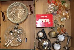A mixed collection of items to include: mid Century glass ware, chromed tea service, early wooden