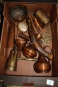 A mixed collection of items to include: Oriental wall hanging gun, brass casket, copper jugs,