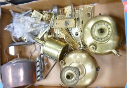 A mixed collection of Brass items to include: Burners, Modern Door Handles, Small Copper Kettle etc