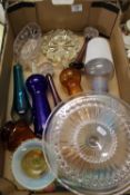 A mixed collection of items to include: Mid Century pressed glass decanters, vases, cake stand