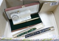 Three cased vintage pens: to include Conway Stuart no 28, hatched black fountain pen and papermate