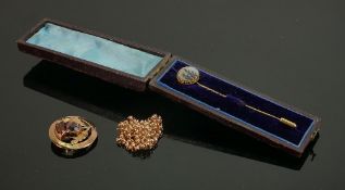9ct gold thistle brooch, gold neck chain and Victorian cased gilt pin: Chain and brooch gross weight