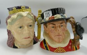 Royal Doulton Large Character Jugs:Yeoman of the Guard D6873 and Queen Victoria D6816. (2)