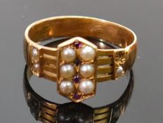15ct gold pearl and amethyst set Victorian ring: Weight 3.2g, size N, one pearl missing & one