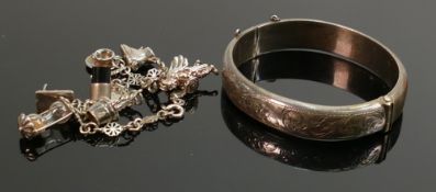 Silver ladies bangle & silver charm bracelet, 39.6g. (2):