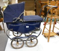 Child Tin Plate Sprung Dolls Carriage: together with similar period Dolls High Chair(2)