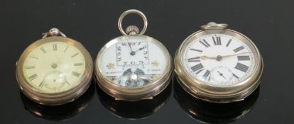 Three x gents pocket watches of which 2 are hallmarked silver: The third may or may not be silver as