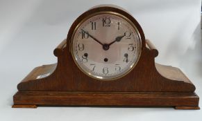 1930's Napoleon Hat Shaped Oak Cased Mantle Clock: The 3 train movement striking and chiming