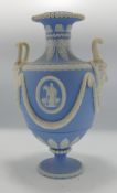 19th Century Wedgwood Pale Blue Jasperware Handled Urn: restoration to handles, base & relief ,
