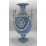 19th Century Wedgwood Pale Blue Jasperware Handled Urn: restoration to handles, base & relief ,