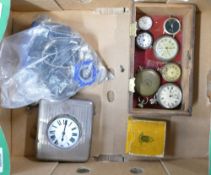 Tray containing quantity of pocket and wrist watches plus silver clock etc: Silver & leather desk