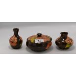 Moorcroft Hibiscus on Brown Ground items to include: Powder Dish & 2 small vases, height of