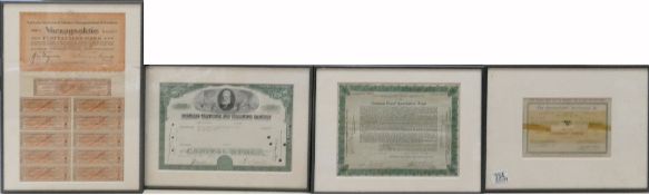A collection of framed Money Bondsicluding Servian Goverment Premium, German Speculative Bond,
