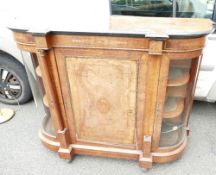 Victorian Walnut inlaid Credenza: with bowed glass doors to outer edges (one glass panel damaged),