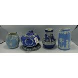 A collection of Dip Blue Wedgwood Jasper Ware to include: Jugs, Teapot, Teapot Stand & staple