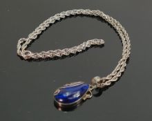 Stylish Silver pendant with blue stone and necklace: 18.3g.