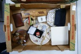 A mixed collection of items to include: vintage handbags, Ronson lighter, Resin Figures etc