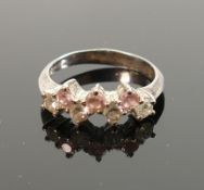 Silver ladies ring set with pink & white stones: size M/N, 3.2g.