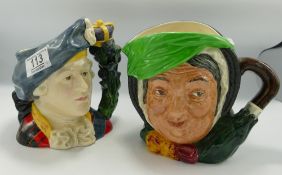 Royal Doulton Large Character Jugs: Bonnie Prince Charlie D6858 and Sairy Gamp D5451. (2)