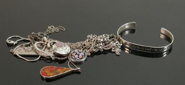 Group of silver jewellery pendants chains and brooch: Various silver chains, ingot pendant,