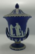19th Century Wedgwood Dip Blue Handled Jar & Cover: re-glued acorn finial to lid, height 21cm